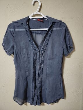 Esprit Sheer Slate Blue Pintuck Button-Front Blouse